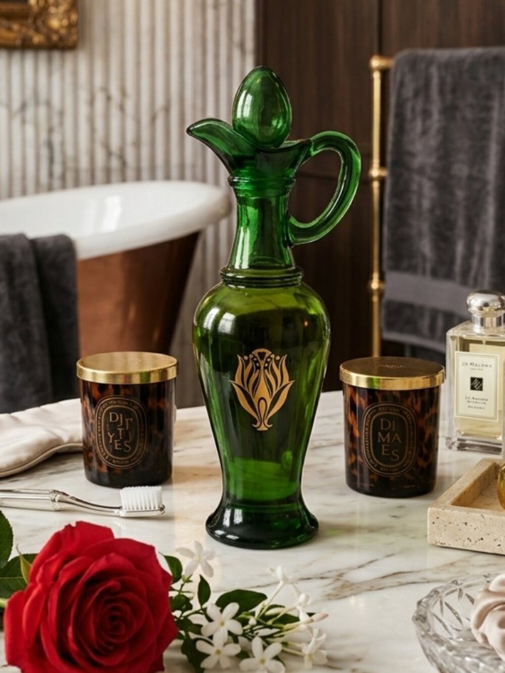Avon Charisma Green Glass Bath Oil Urn 9” NIB Vintage Gold Motif Collectible - Picture 8 of 9